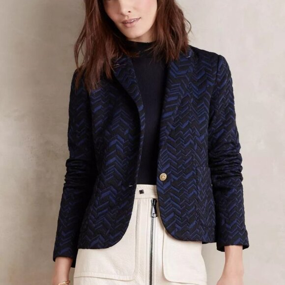 ANTHROPOLOGIE Bas-Relief Blazer by Cartonnier Navy Blue Black Textured Jacket - Picture 1 of 9